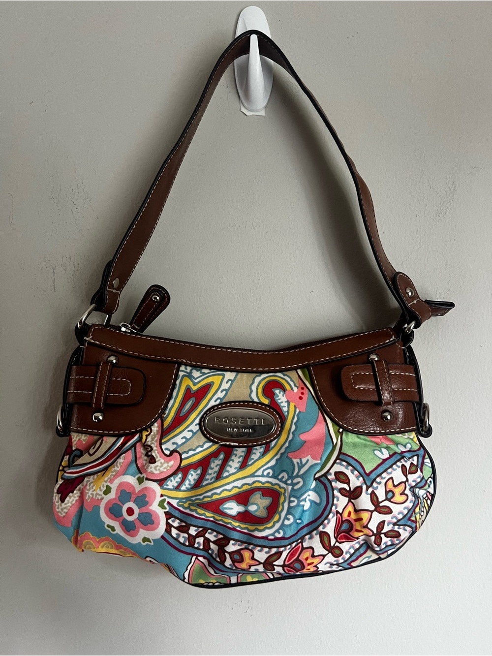 Rosetti Brown Trim Multicolor Paisley Shoulder Bag with Teal & Pink Accents